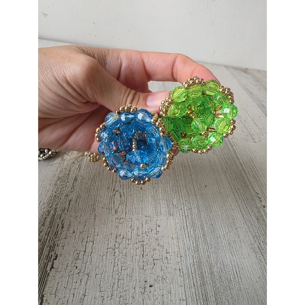 Vintage beaded Bell ornament pink blue green gold Xmas tree set